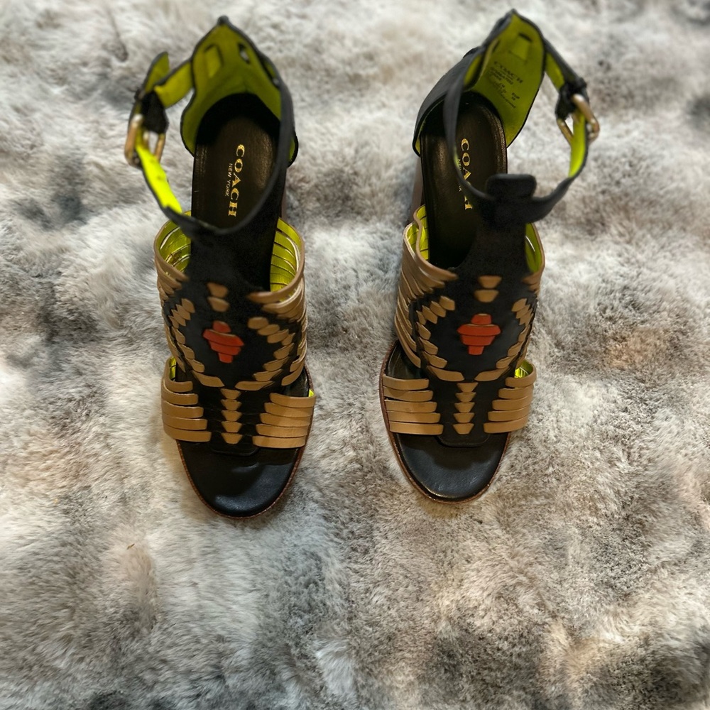 Coach | Lorrie Leather woven block heel sandals 8.5